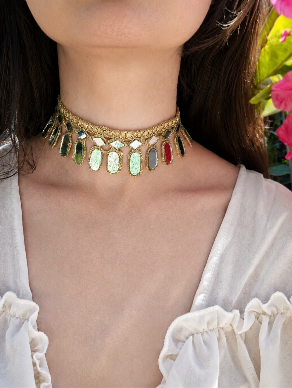 Handmade Gold Silver Boho Mirror Choker Necklace Festival Vacation Wedding Party